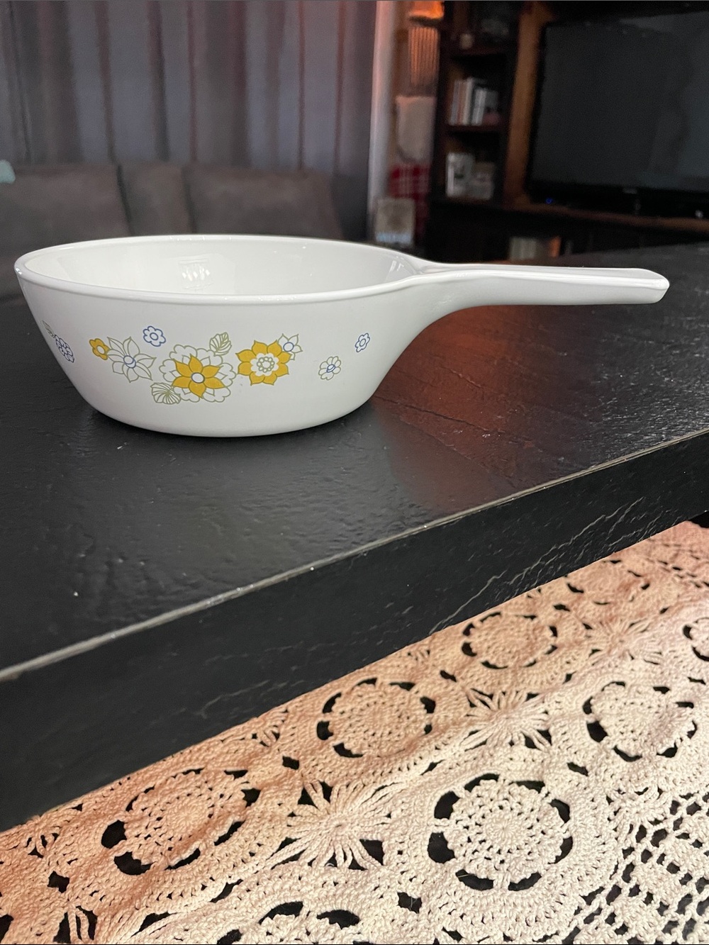 Corning Ware  Floral Ceramic Skillet Dish with Handle -Yellow & Blue Flowers